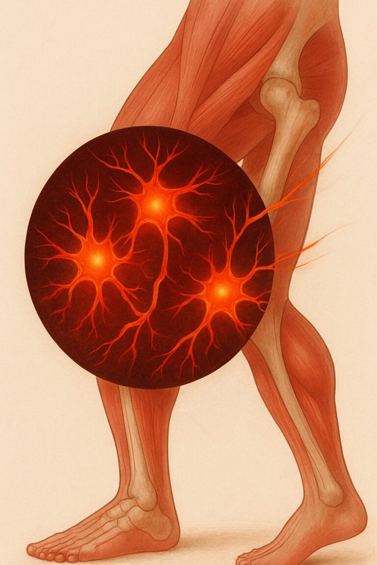 Illustrazione medica dettagliata della gamba con muscoli, ossa e neuroni infiammati evidenziati, che rappresenta il dolore neuropatico nella fibromialgia e l'infiammazione del sistema nervoso periferico.