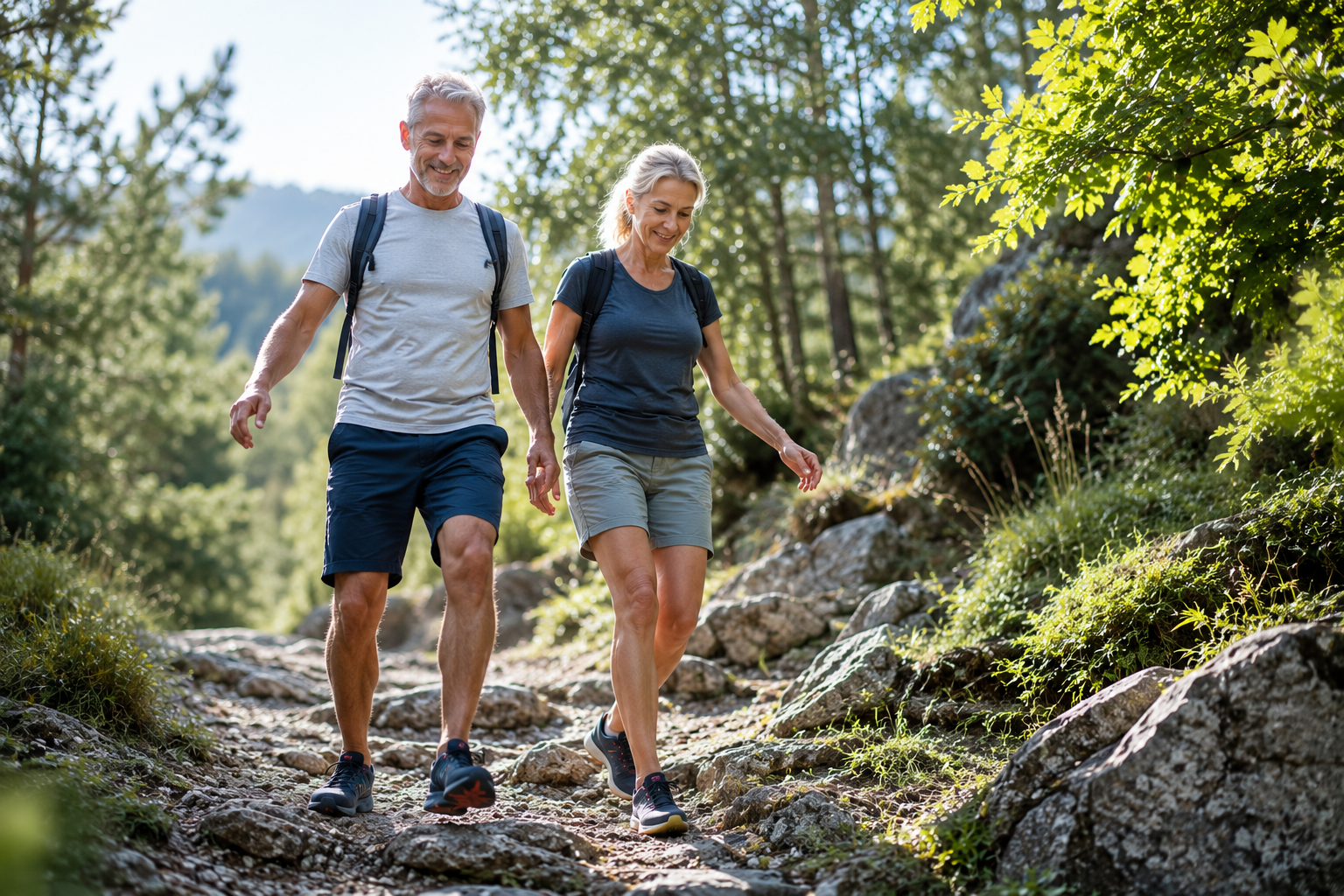 Uomo e donna over 55 camminano su terreno irregolare mantenendo equilibrio e sicurezza.