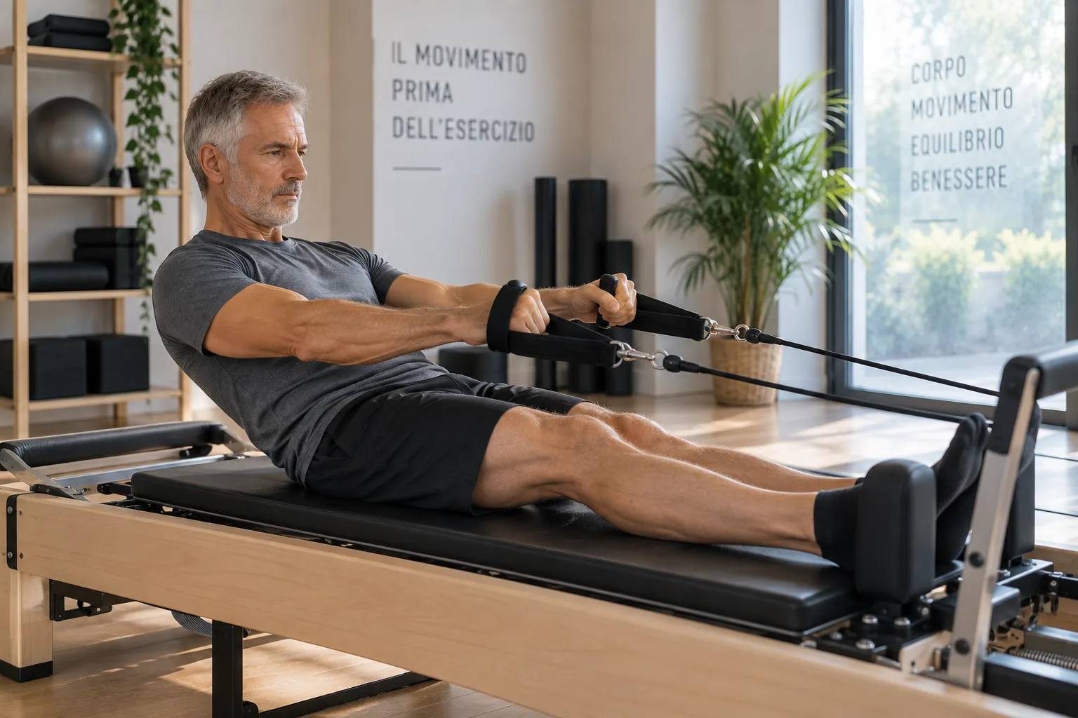Uomo esegue un esercizio sul Reformer con resistenza delle molle.